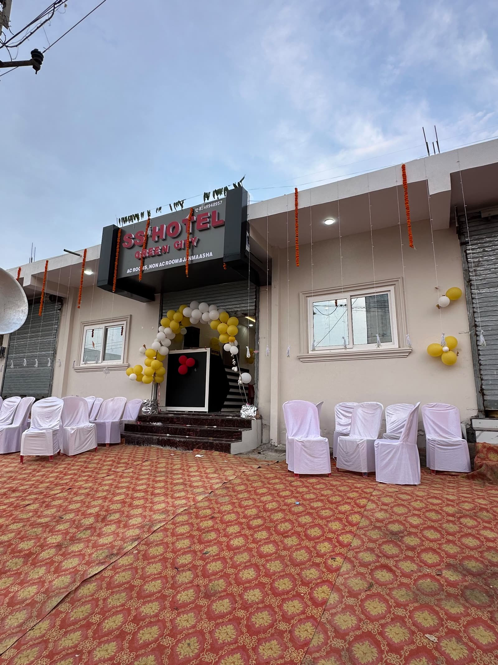 Hotel frontage decorated for the grand opening